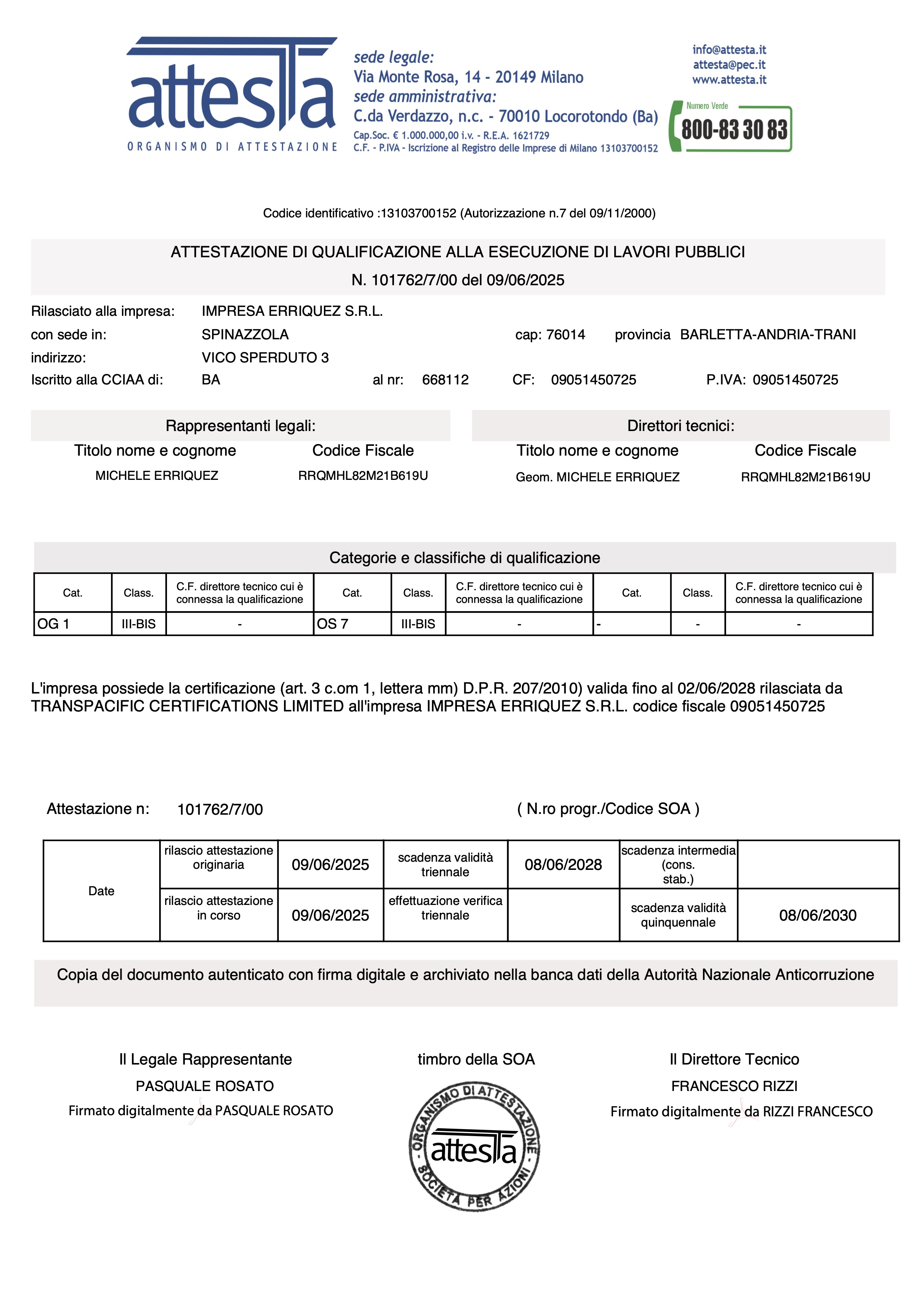 Certificato Attesta - pagina intera