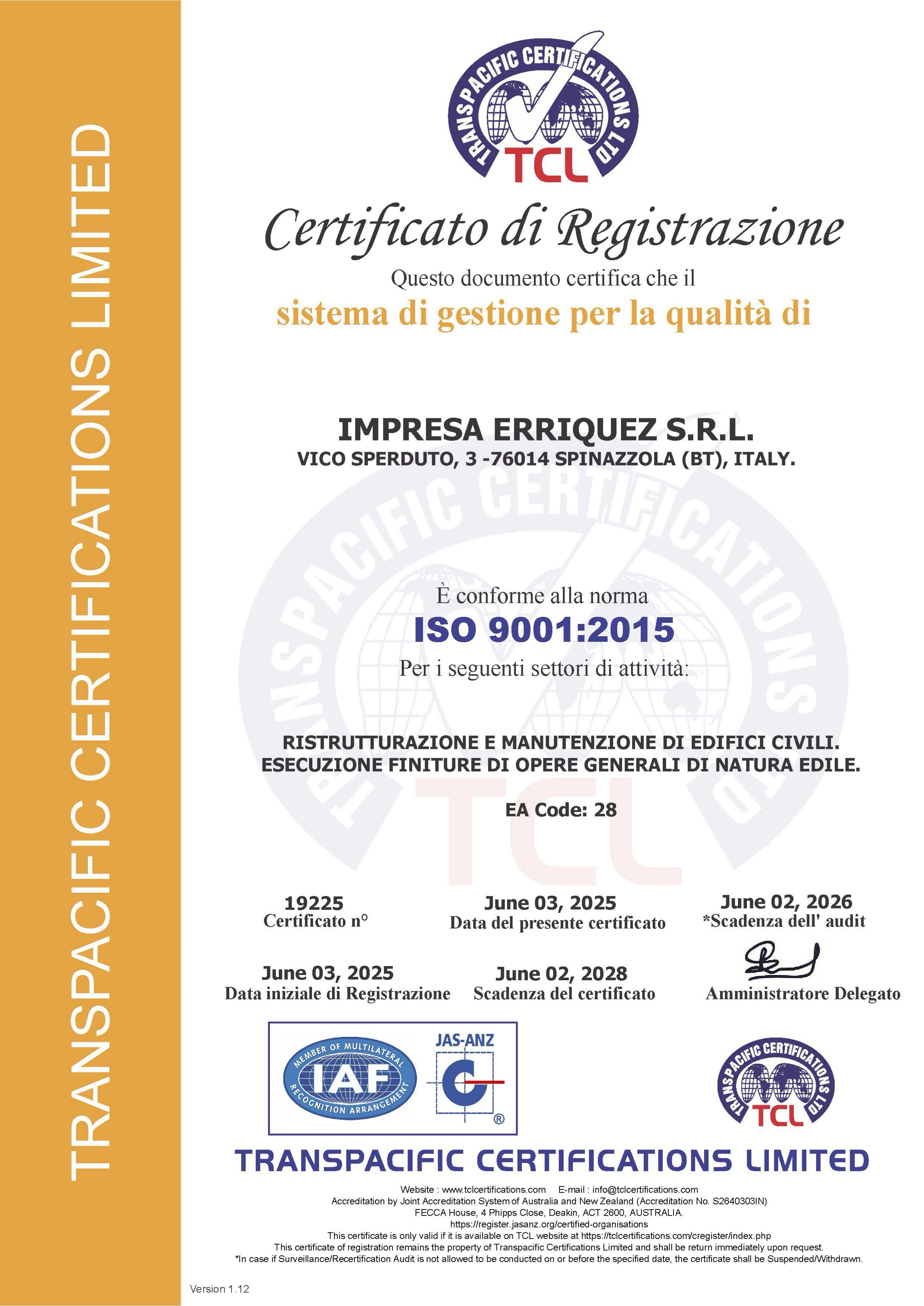Certificato TCL - pagina intera